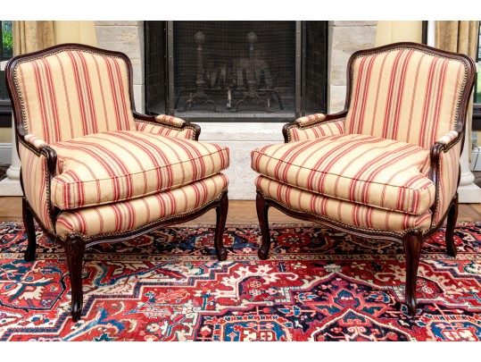 Handsome Pair Of Custom Upholstered Louis XV Style Bergeres