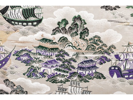 Vintage Chinoiserie Upholstered Wooden Framed Nautical Inspired Fire Screen 