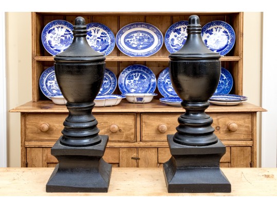 Antique Pair Of Carved And Ebonized Architectural Urn Form Finials