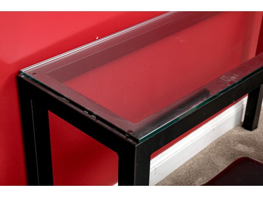 Restoration Hardware Upholstered Stools With Glass Top Console Table