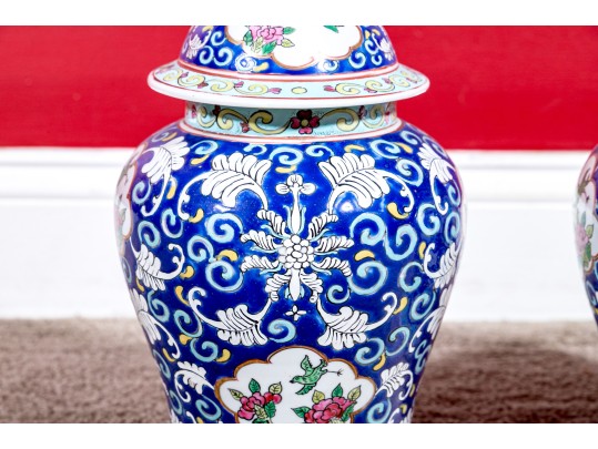 Pair Of Chinese Famille Rose Blue Ground Porcelain Lidded Temple Jars, 20th C. 