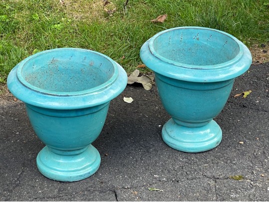 Eye-Catching Pair Of Turquoise Glazed Ceramic Garden Urns