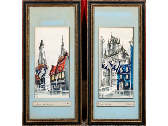 Antique Set Of Two Mixed Media On Paper Architectural Drawings