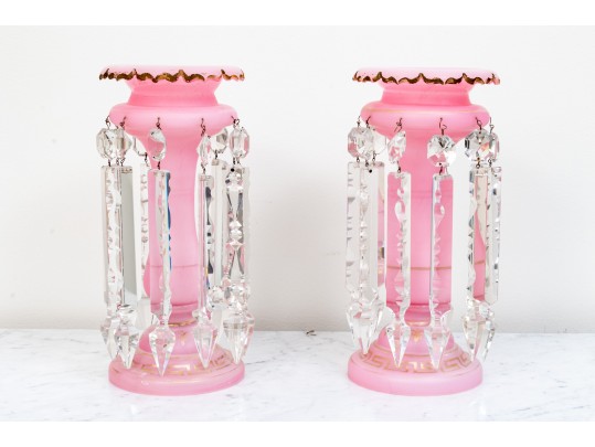 Eye-Catching Antique Pink Milk Glass Lustre Vases With Crystal Drop Pendants