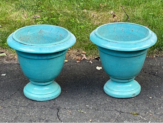Eye-Catching Pair Of Turquoise Glazed Ceramic Garden Urns