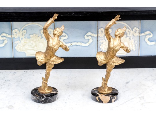 Pair Of French Art Deco Gilt Figures Of Dancers On Marble Bases