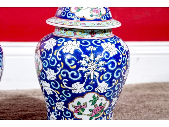 Pair Of Chinese Famille Rose Blue Ground Porcelain Lidded Temple Jars, 20th C. 