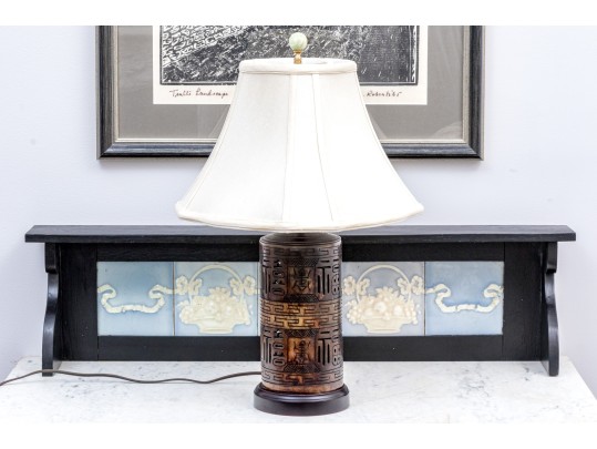 Vintage Chinese Carved Soapstone Cylindrical Table Lamp