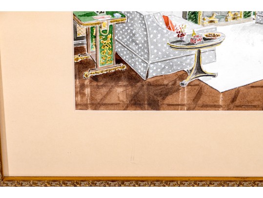 Mixed Media Painting On Paper, Lavish Architectural Interior