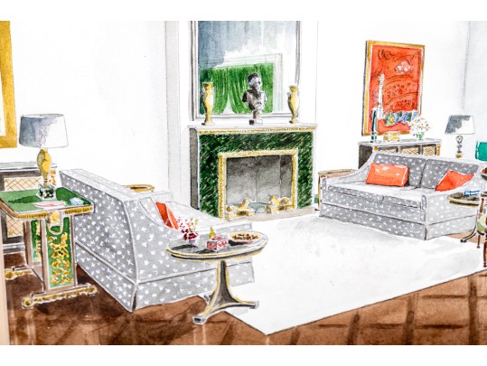 Mixed Media Painting On Paper, Lavish Architectural Interior