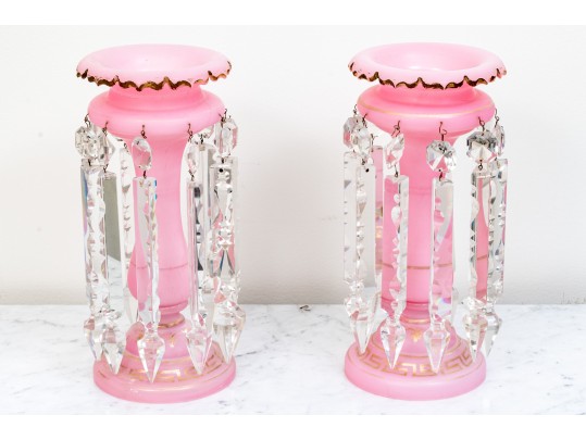 Eye-Catching Antique Pink Milk Glass Lustre Vases With Crystal Drop Pendants