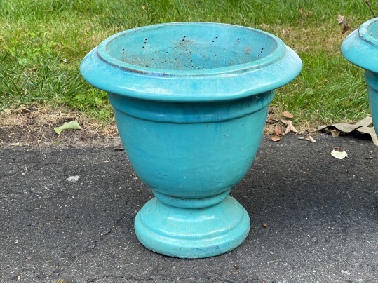 Eye-Catching Pair Of Turquoise Glazed Ceramic Garden Urns