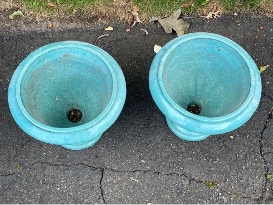 Eye-Catching Pair Of Turquoise Glazed Ceramic Garden Urns
