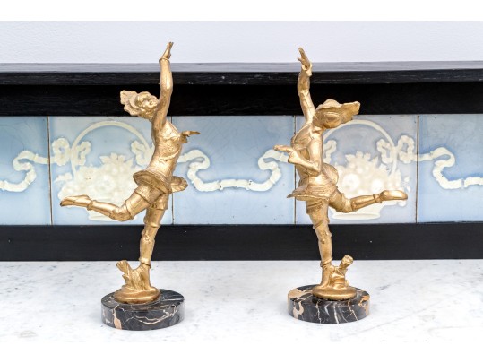 Pair Of French Art Deco Gilt Figures Of Dancers On Marble Bases
