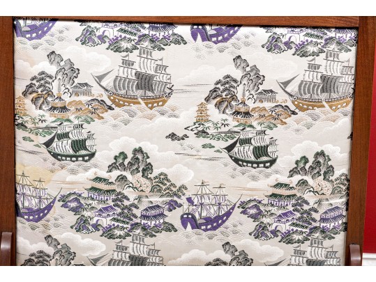 Vintage Chinoiserie Upholstered Wooden Framed Nautical Inspired Fire Screen 