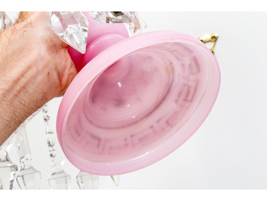 Eye-Catching Antique Pink Milk Glass Lustre Vases With Crystal Drop Pendants
