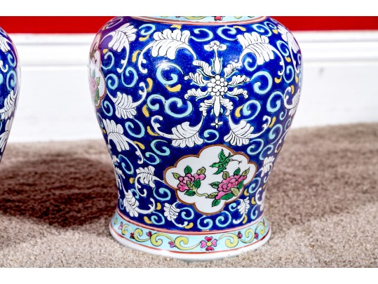Pair Of Chinese Famille Rose Blue Ground Porcelain Lidded Temple Jars, 20th C. 