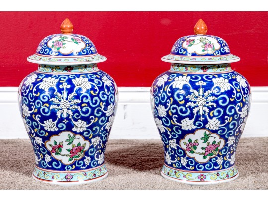 Pair Of Chinese Famille Rose Blue Ground Porcelain Lidded Temple Jars, 20th C. 