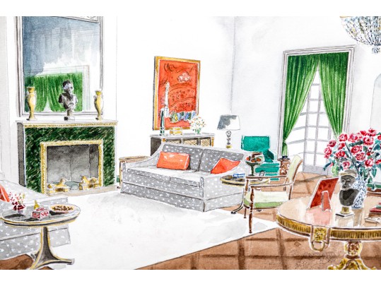 Mixed Media Painting On Paper, Lavish Architectural Interior