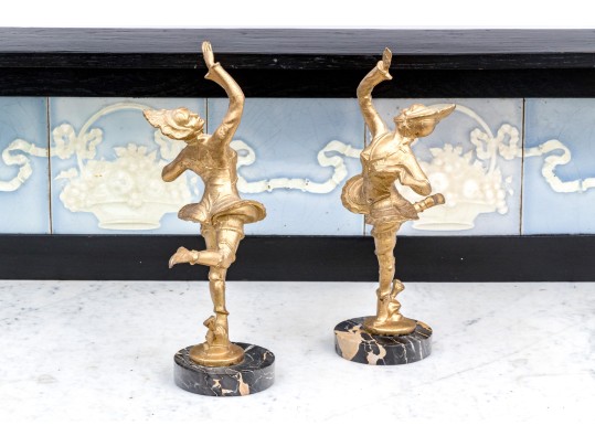 Pair Of French Art Deco Gilt Figures Of Dancers On Marble Bases