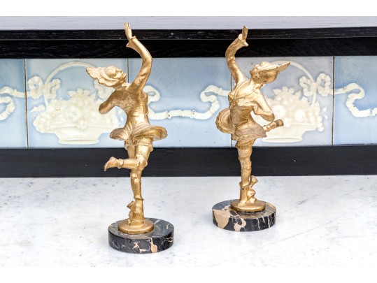 Pair Of French Art Deco Gilt Figures Of Dancers On Marble Bases