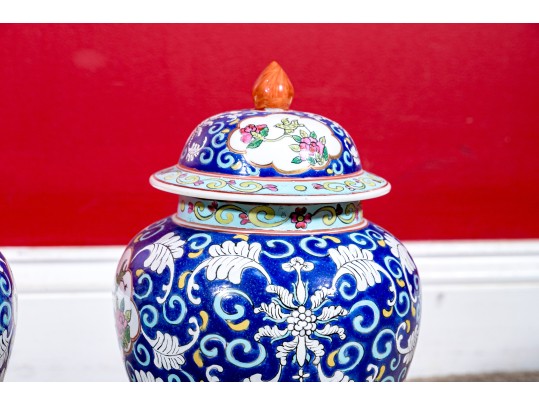 Pair Of Chinese Famille Rose Blue Ground Porcelain Lidded Temple Jars, 20th C. 
