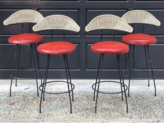 Chic Set Of Four Mid-Century Modern Swivel Counter Stools With Woven Seat Backs