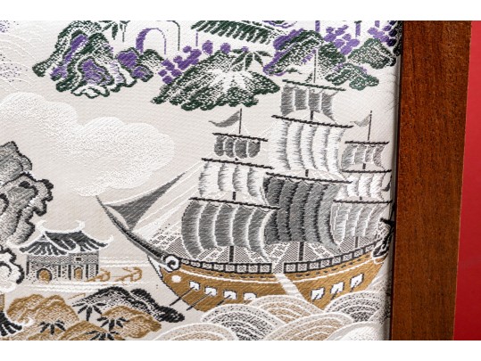 Vintage Chinoiserie Upholstered Wooden Framed Nautical Inspired Fire Screen 