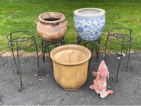 Assorted Planters With Stands And A Garden Gnome