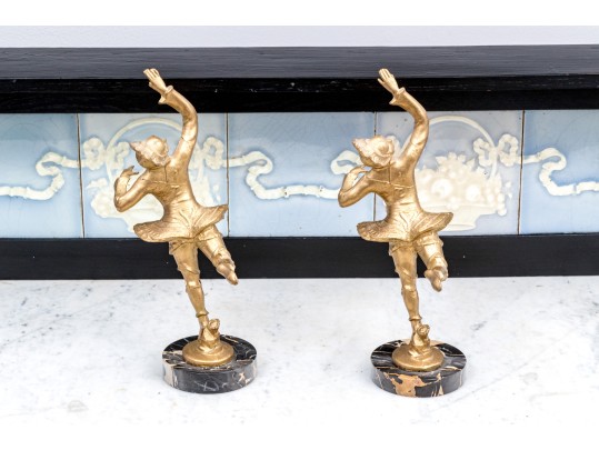 Pair Of French Art Deco Gilt Figures Of Dancers On Marble Bases