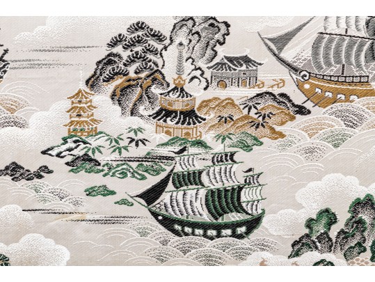 Vintage Chinoiserie Upholstered Wooden Framed Nautical Inspired Fire Screen 