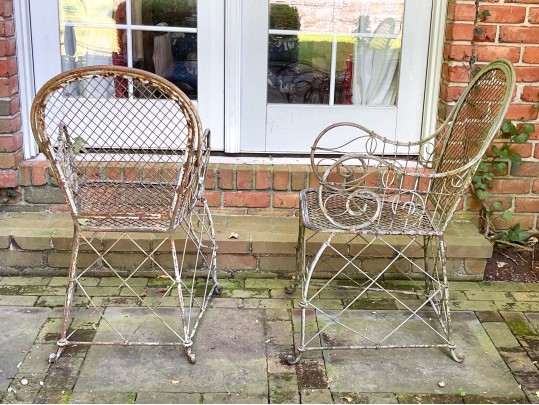 Pair Of Vintage Art Nouveau Style Wrought Iron Garden Arm Chairs (paint Project)