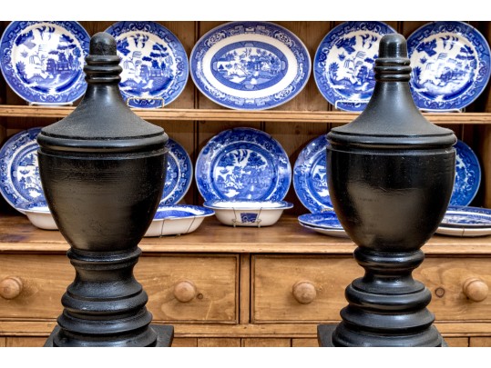 Antique Pair Of Carved And Ebonized Architectural Urn Form Finials