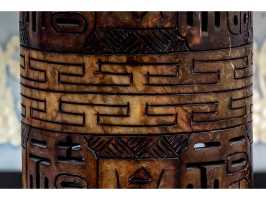 Vintage Chinese Carved Soapstone Cylindrical Table Lamp