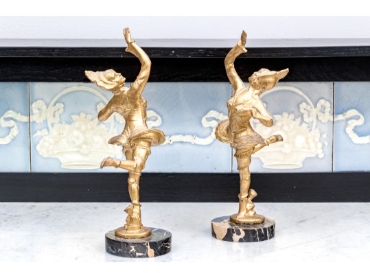 Pair Of French Art Deco Gilt Figures Of Dancers On Marble Bases