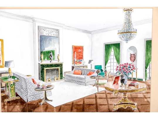 Mixed Media Painting On Paper, Lavish Architectural Interior