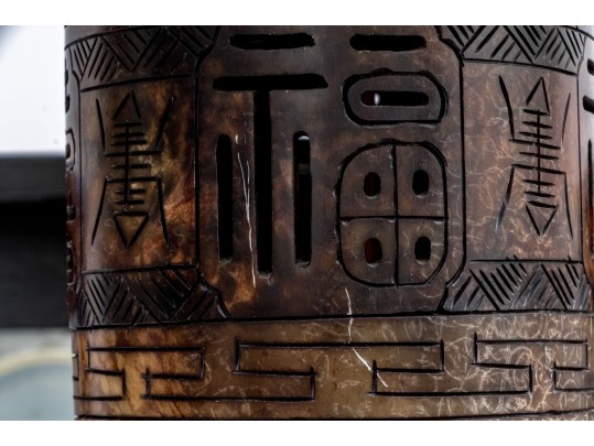 Vintage Chinese Carved Soapstone Cylindrical Table Lamp