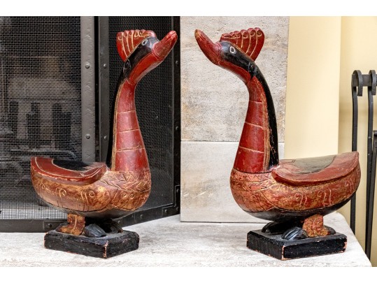 Semi-antique Indian / Indonesian Pair Of Carved And Painted Mandarin Ducks