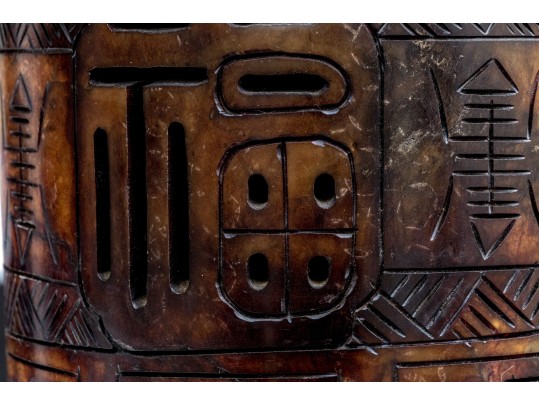 Vintage Chinese Carved Soapstone Cylindrical Table Lamp