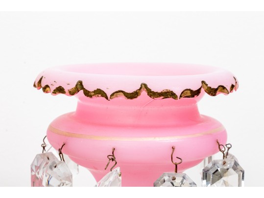Eye-Catching Antique Pink Milk Glass Lustre Vases With Crystal Drop Pendants