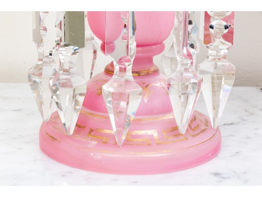 Eye-Catching Antique Pink Milk Glass Lustre Vases With Crystal Drop Pendants