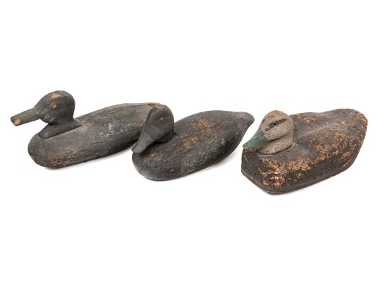 Three Antique Decoy Duct Two Carved Wood, One Cork With Wooden Head