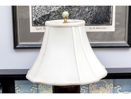 Vintage Chinese Carved Soapstone Cylindrical Table Lamp