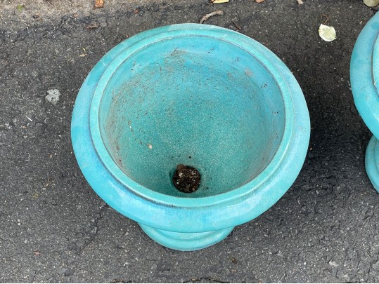Eye-Catching Pair Of Turquoise Glazed Ceramic Garden Urns
