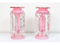 Eye-Catching Antique Pink Milk Glass Lustre Vases With Crystal Drop Pendants