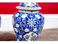 Pair Of Chinese Famille Rose Blue Ground Porcelain Lidded Temple Jars, 20th C. 
