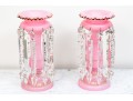 Eye-Catching Antique Pink Milk Glass Lustre Vases With Crystal Drop Pendants