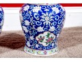 Pair Of Chinese Famille Rose Blue Ground Porcelain Lidded Temple Jars, 20th C. 