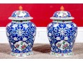 Pair Of Chinese Famille Rose Blue Ground Porcelain Lidded Temple Jars, 20th C. 