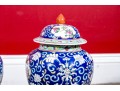 Pair Of Chinese Famille Rose Blue Ground Porcelain Lidded Temple Jars, 20th C. 